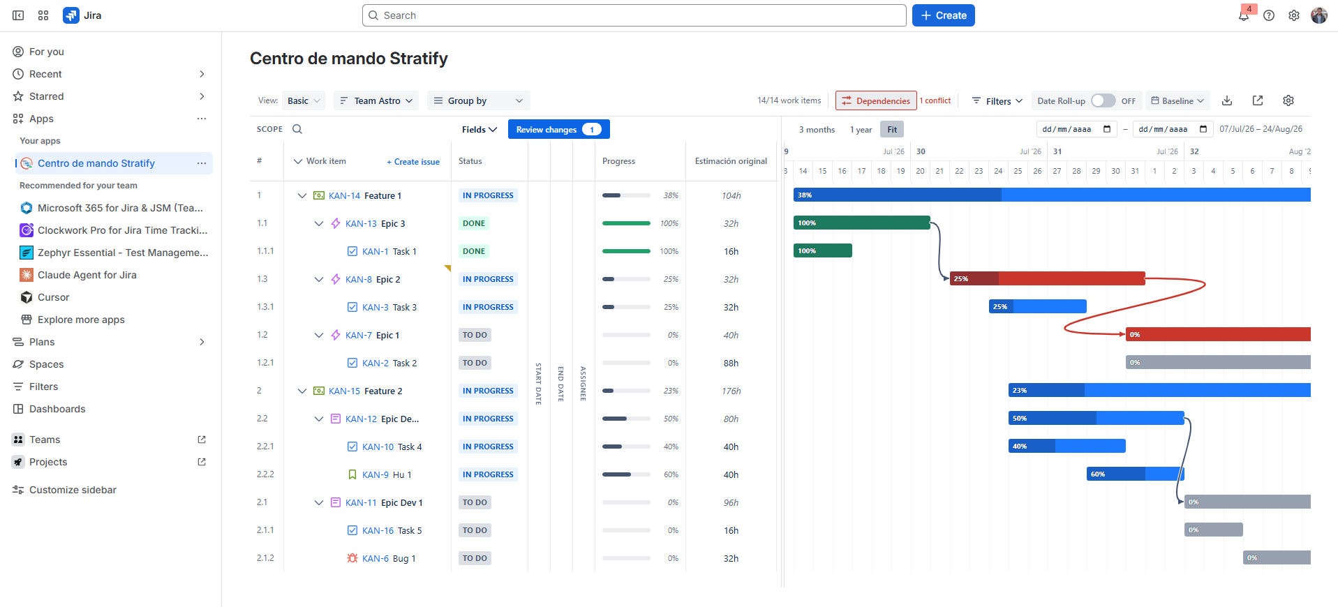 Command Center Gantt: nested work, date and estimate roll-ups, and Blocks dependencies