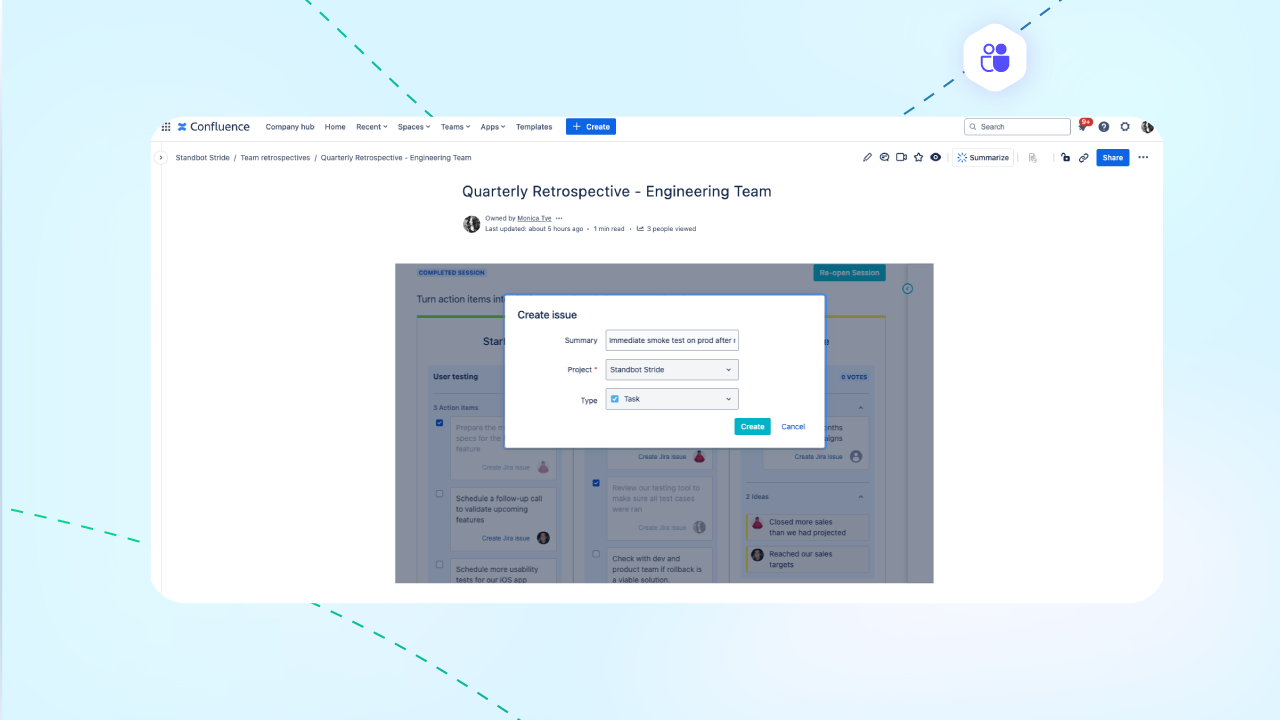 Simplify tracking and accountability by turning action items into Confluence tasks or even Jira issues on the spot—no switching tabs or windows required.