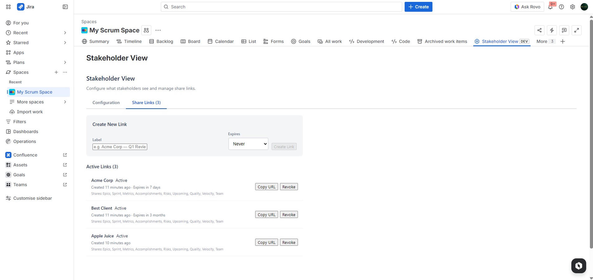 Share Links tab — create, manage and track all your stakeholder links in one place