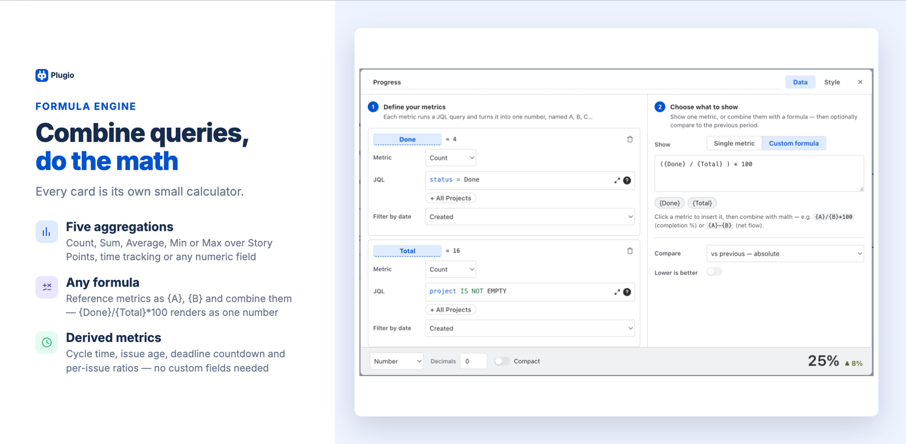 The editor: two JQL-backed metrics and one formula — live values update as you type.