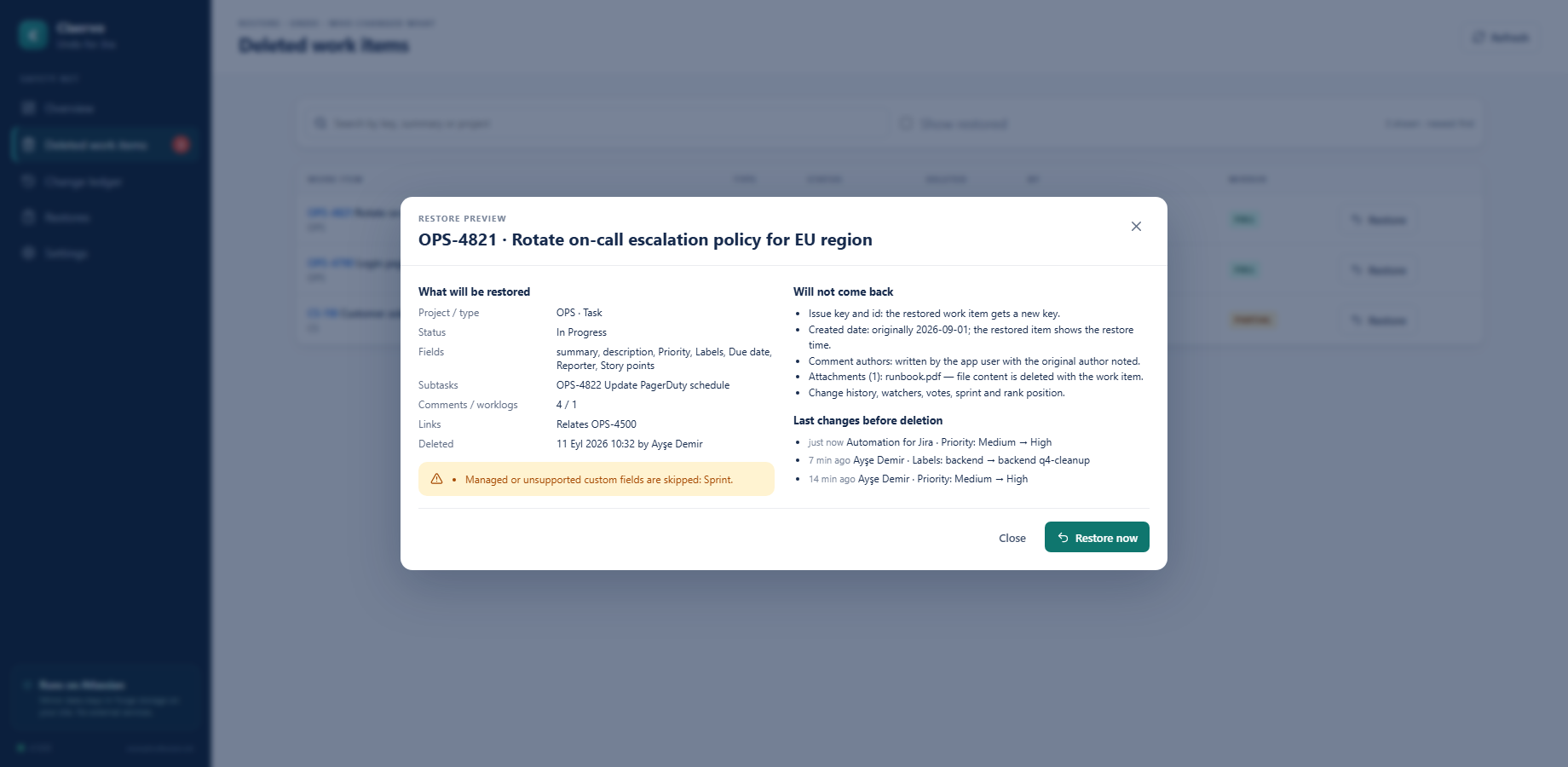 Restore preview: what will be restored, what will not, and the last changes before deletion.