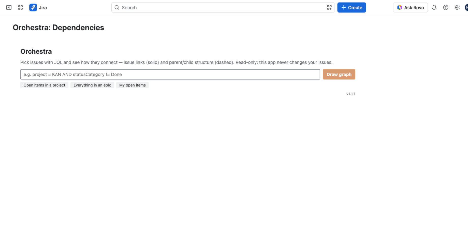 The query bar with presets for open items in a project, everything in an epic, and my open items