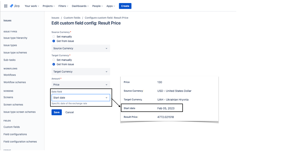 Get exchange rates based on a certain date in the past. Select date field and get rates for this field value in your Jira issue
