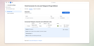 Manage Telegram destinations from one Jira admin page, with clear visibility into project scope, notification rules, parsing settings, and active status.