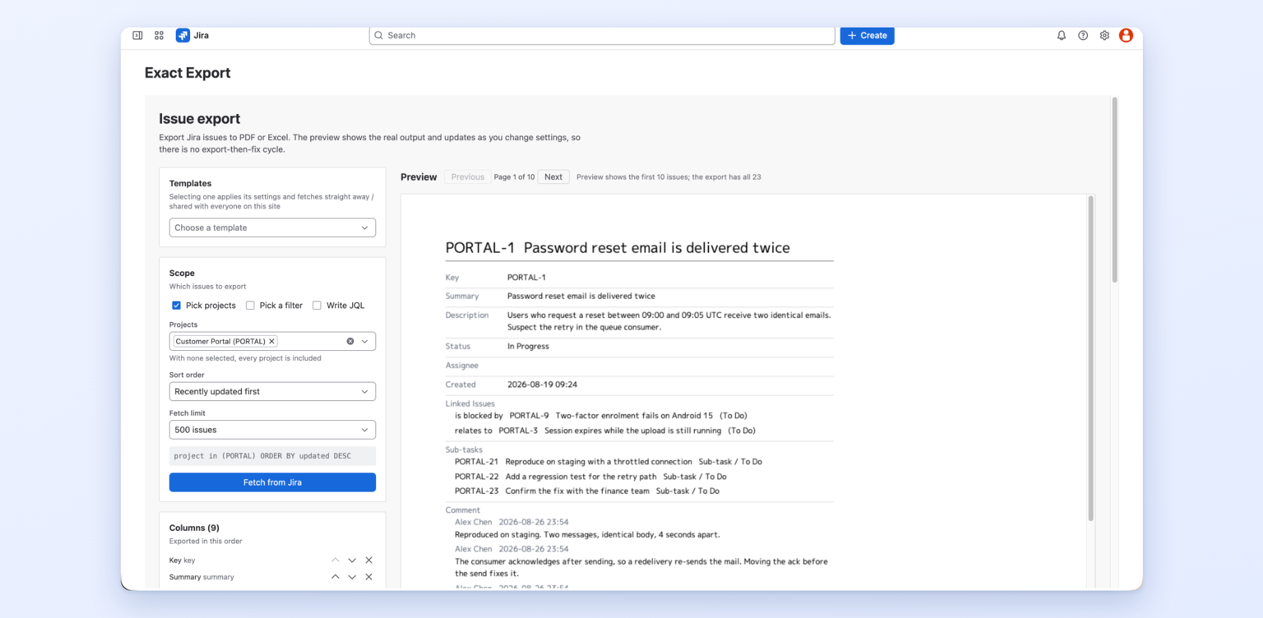 Settings on the left, the real single-issue PDF on the right. Both panes stay in step as you edit.