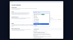 Pick the AI provider: Anthropic, OpenAI, Google Gemini, Azure OpenAI, AWS Bedrock, OpenRouter (active here), Ollama, or the Atlassian Forge LLM with no egress. Below, the model for rules.