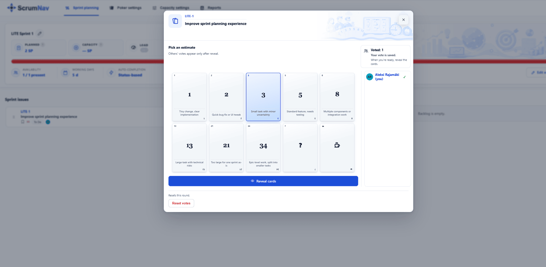 Poker results update the issue estimate and sprint capacity automatically.