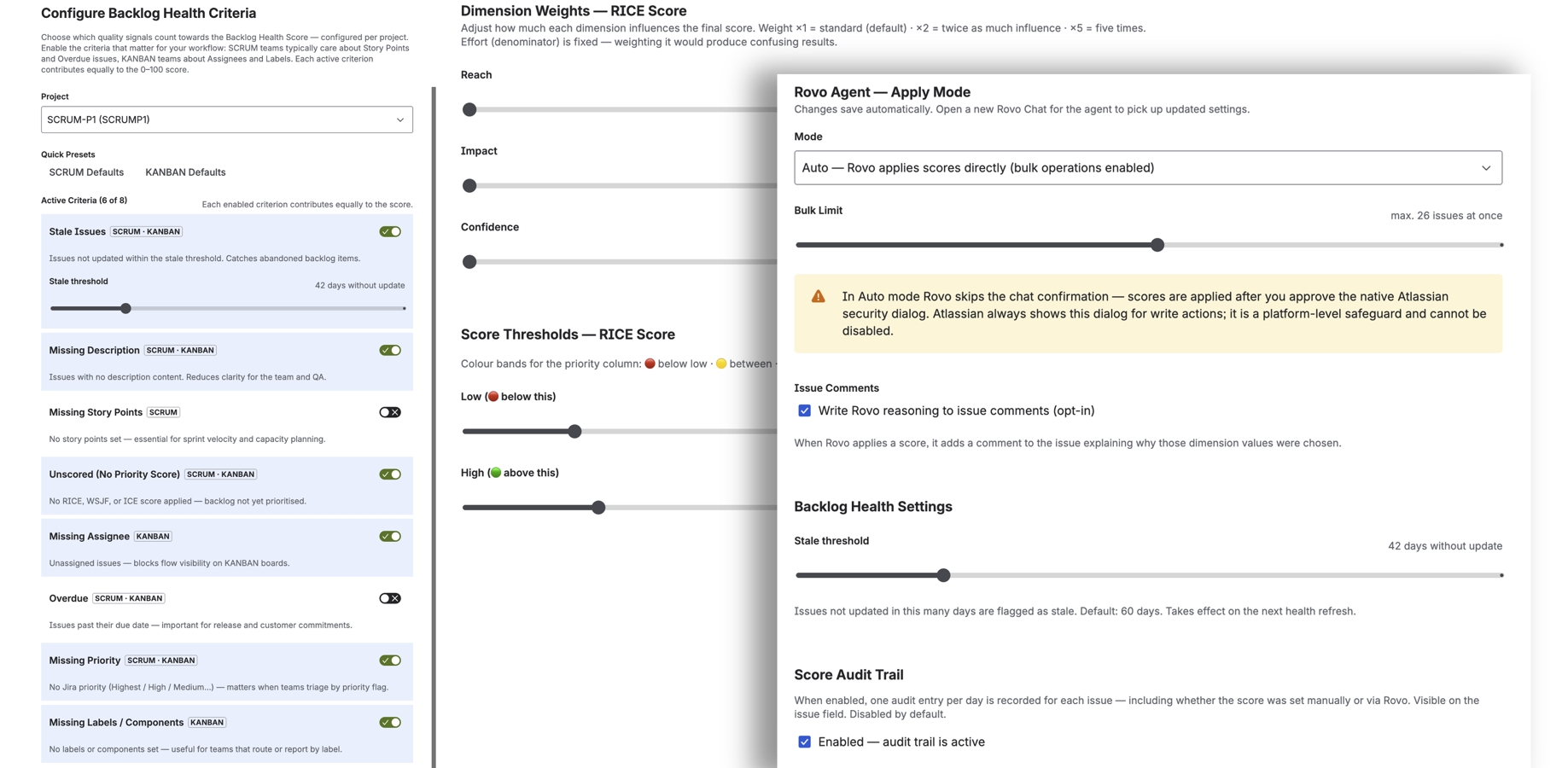 Configure dimension weights for RICE/WSJF/ICE, set score threshold colors, choose Rovo AI apply mode (Suggest/Confirm/Auto), define Board Health criteria, and set stale-issue thresholds per project.