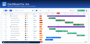 Table + Gantt side-by-side. Epic rollups, critical path, dependency arrows, priority chips and a live TODAY line — all native in Jira, built on Forge.