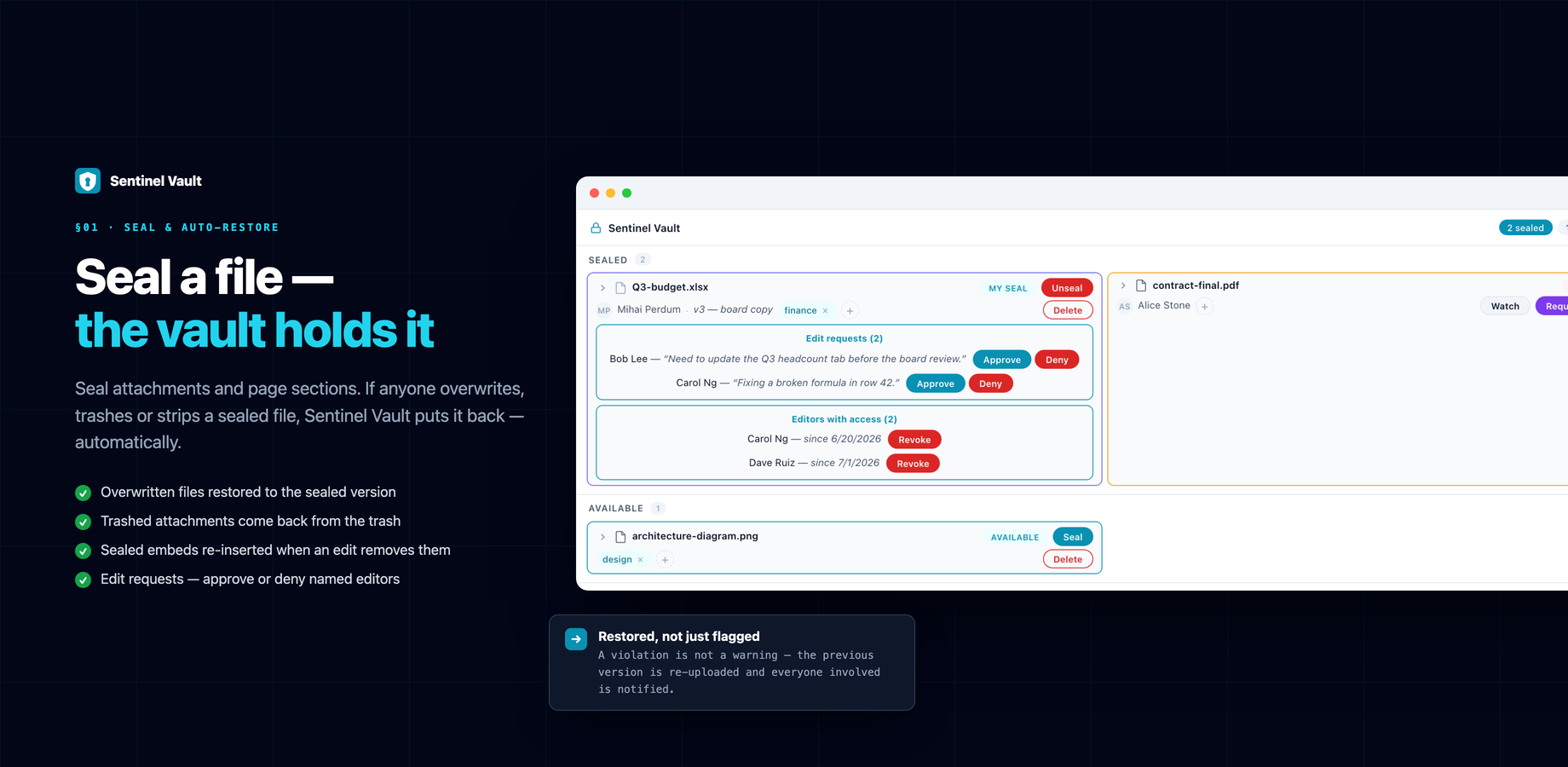 The Sentinel Vault panel on a page: a sealed spreadsheet with two pending edit requests and its approved editors, a colleague's sealed contract you can watch or request to edit, and a Seal button on everything else.