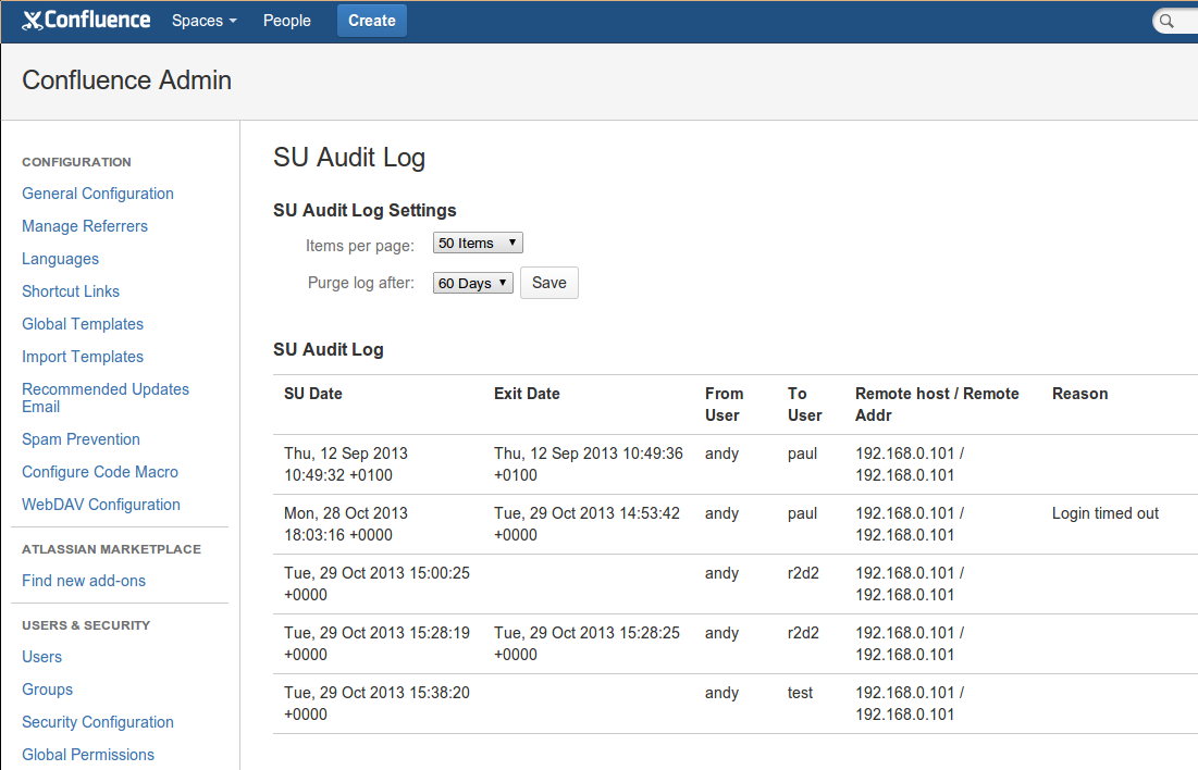 Shows the retained history, with no option to remove the last 10days. Note that the auditing only relates to the user SU activity not the actions performed 'as' that user.