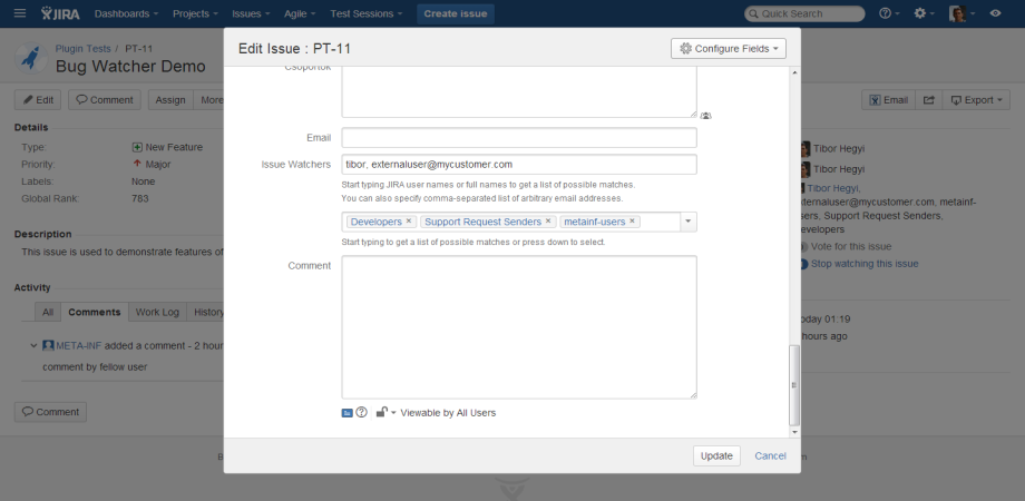 External watchers, roles and groups. Issue Watchers Custom Field type.