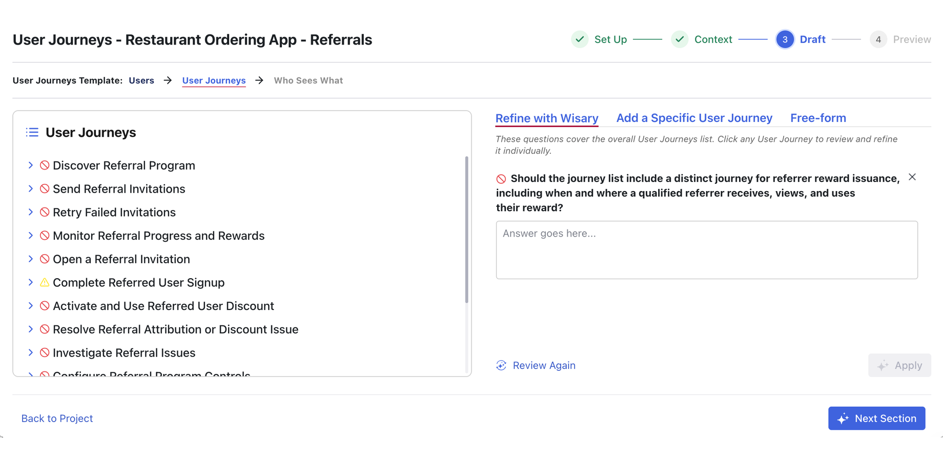 The Draft step in Wisary for Confluence: the drafted section on the left, a guided question with its answer box on the right.