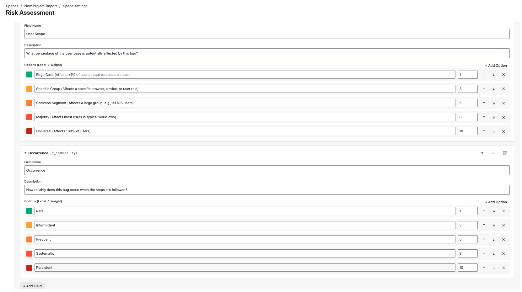 Configuration page showing the Impact field editor with five options (Negligible to Critical), each with custom labels, numeric weights (1-10), and color indicators for visual feedback.