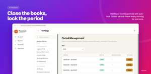 Period Management lists every period for the selected year with status, submission count and a Close action. Closing a period locks every worklog inside it for everyone on the site.
