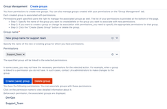 Efficiently define a new group, 'New group name for support team', and systematically link it to the 'Support_Team' permissions set. Streamlined group management for optimized access control.