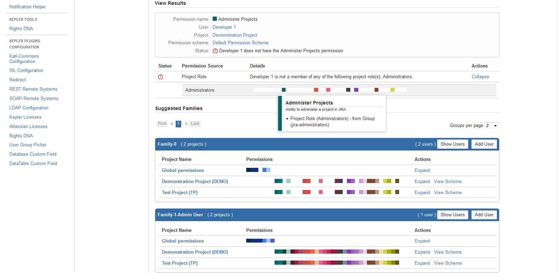RightsDNA scans the entire Jira and groups users in permission families so you can manage permissions for all of them.