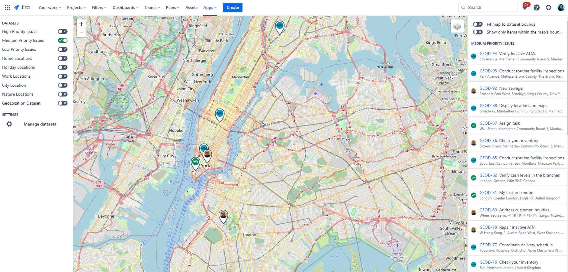 Display Locations on Maps: View all pinned locations on the issue detail screen. Utilize the map board to visualize locations from all Jira issues.