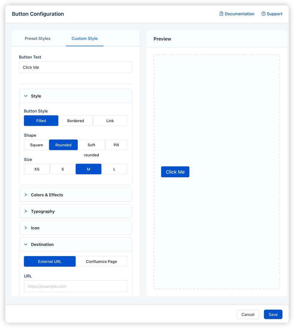 Custom Style editor with full customization options including button text, style type, shape, size, colors, typography, icons, and destination settings. Real-time preview panel displays button as you configure.