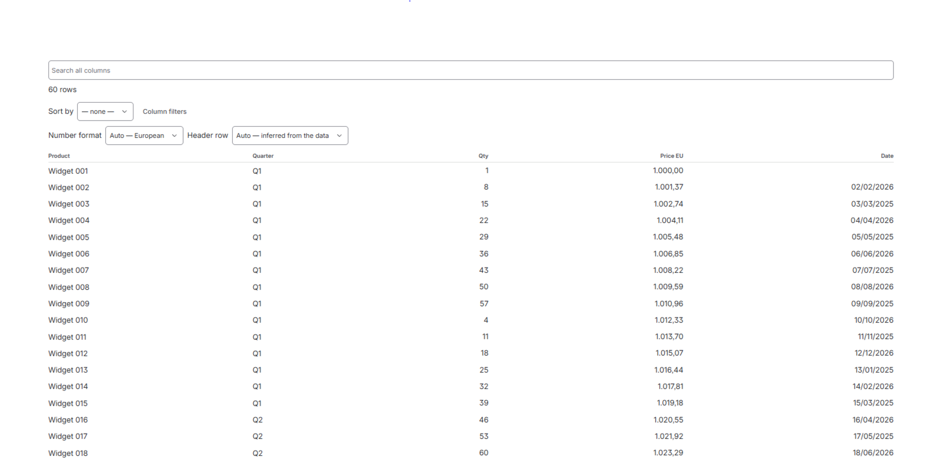 The search box is on screen and empty when the page loads. Type in it and the table narrows across every column at once.
