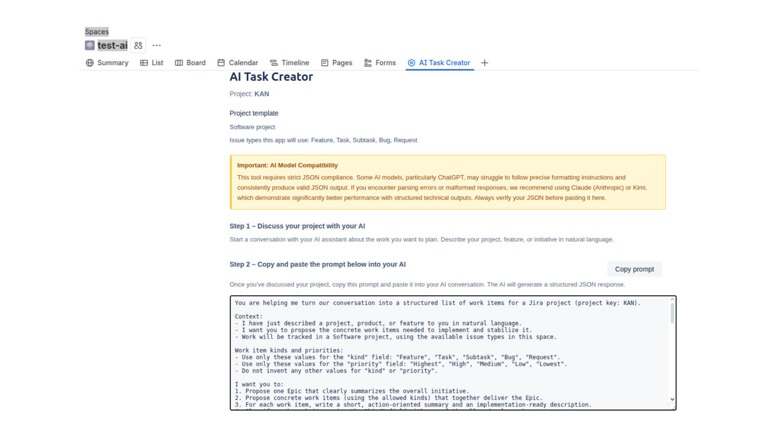Prompt view of the app.
