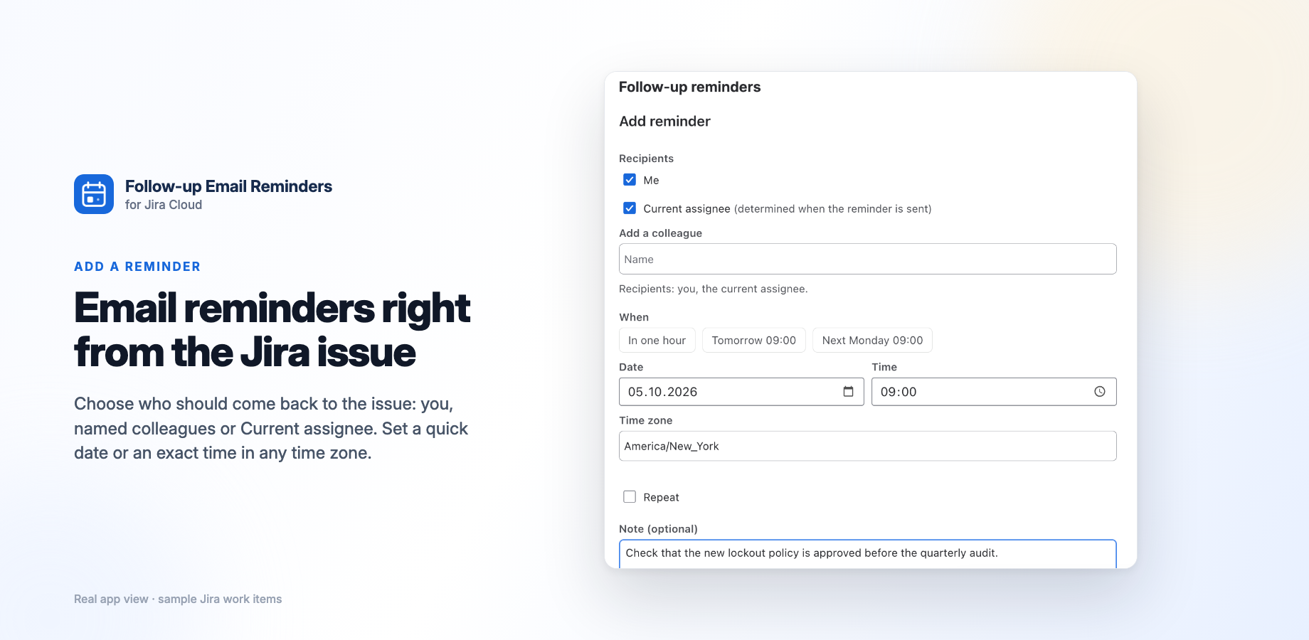 The reminder form on a Jira issue: recipients, quick dates, exact time and time zone. The issue is a fictional example.
