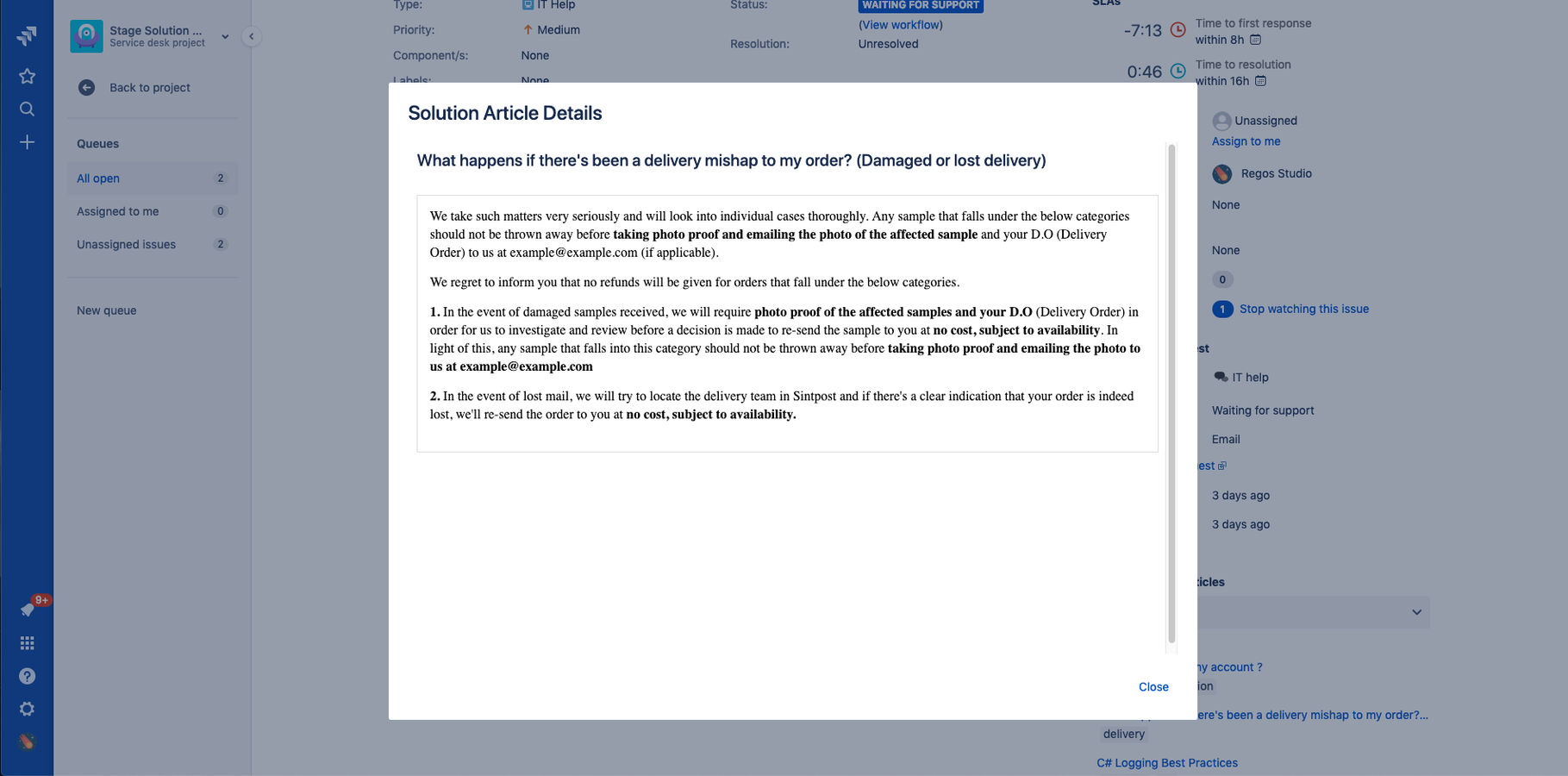 Modal to display solution article details