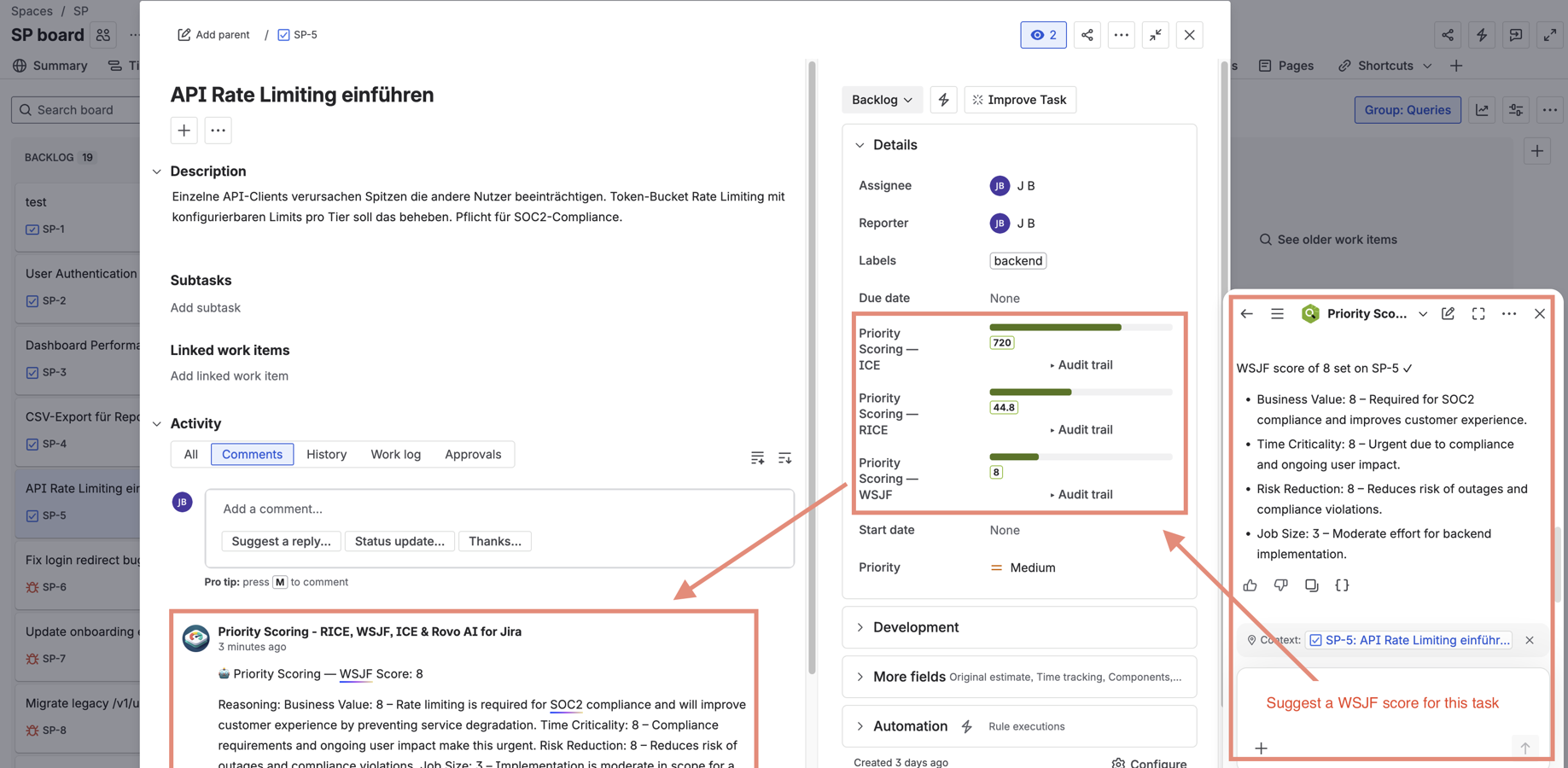 Score any Jira issue using RICE, WSJF, or ICE. The Rovo AI panel provides instant scoring suggestions with explanations for each dimension. Review, confirm, or let Rovo apply directly.