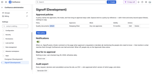 Define a policy once; every space binds by reference. Export the audit trail as CSV.