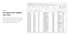 Export to CSV and open it in Excel in any locale: eight columns, no Text to Columns step. The Risk Level column uses the same scale you see on screen.