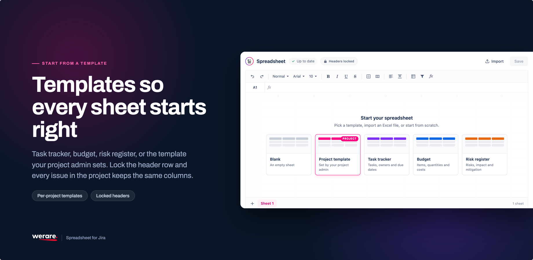The template gallery on a new sheet: Blank, your project's own template, Task tracker, Budget and Risk register. Headers locked is on, so the column row can't be edited.