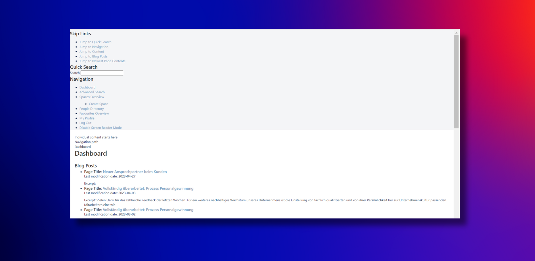 The screen reader mode offers quick access to functions and pages.