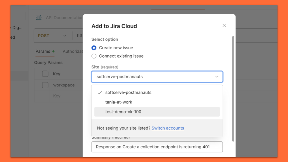 Select from multiple Jira sites.