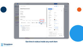 Timepiece tab inside the Jira work item view, showing how long a single issue spent in To Do, In Progress, Done, and Reopen without leaving the issue screen.