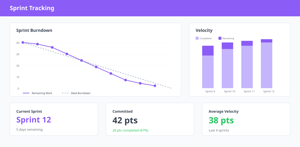 Demonstrating DashOrbit’s Agile sprint tools: sprint burndown with actual vs ideal trends, velocity across four sprints, and sprint status cards showing progress, commitments, and average velocity.