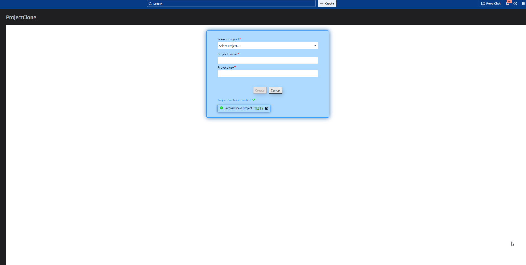 ProjectClone success modal with created project