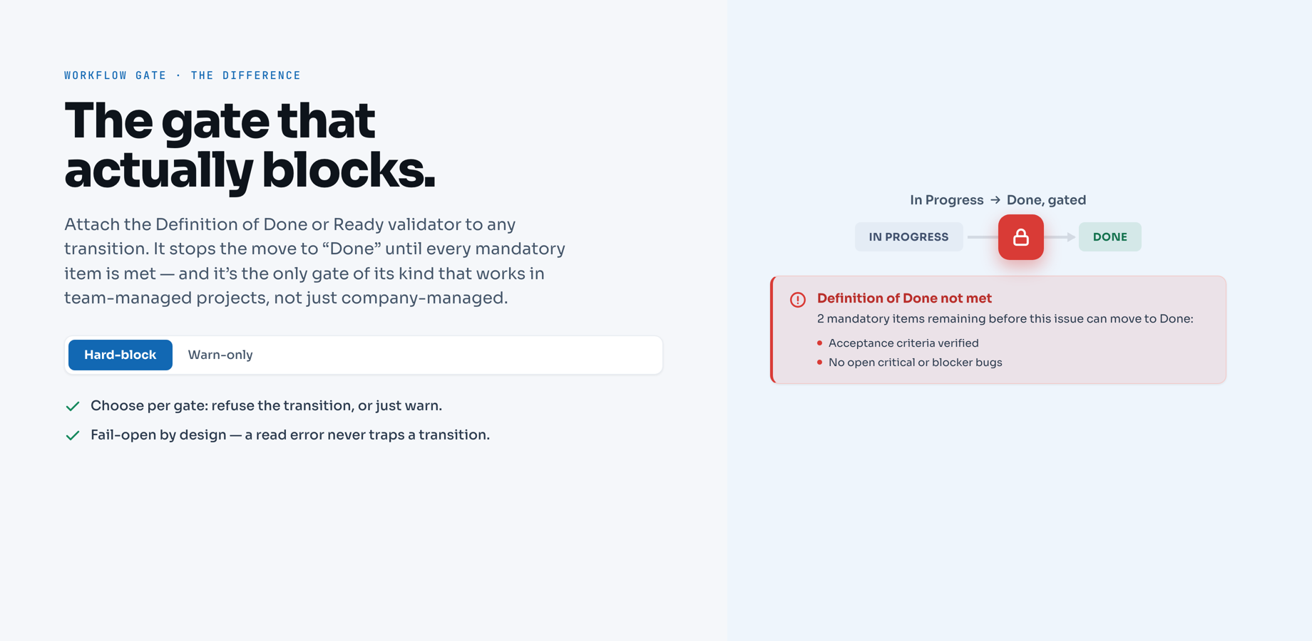 Attach the Definition of Done or Ready validator to any transition and choose hard-block or warn-only.