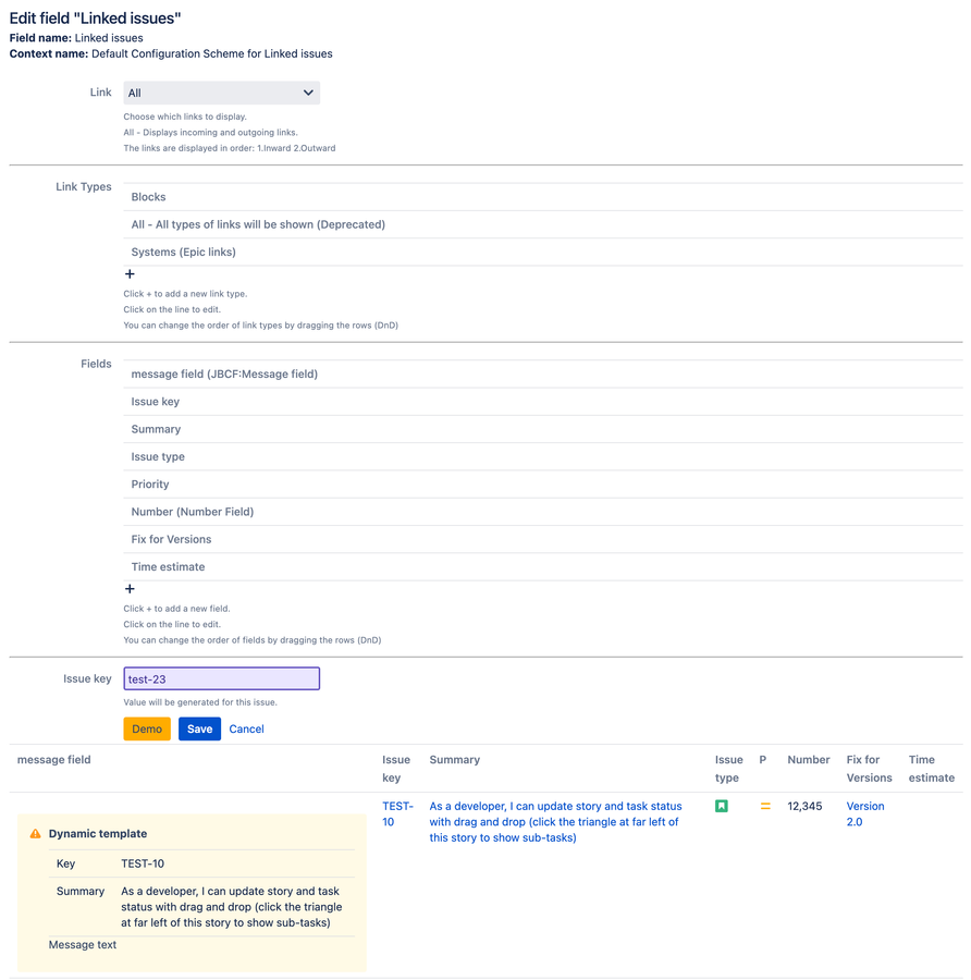 Specify which linked issues to display. Configure the display of any fields(system or custom) and their order. Run the demo for easy control of the settings.
