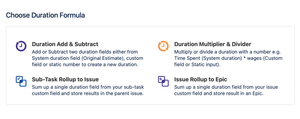 Choose from four different duration formula types. For example Sub-task rollup allows you to roll original estimate and time spent form sub-task to story.