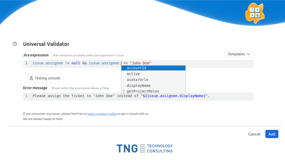 Additionally, our input fields provide autocompletion to support you in writing the expressions and error messages you need for your use case.