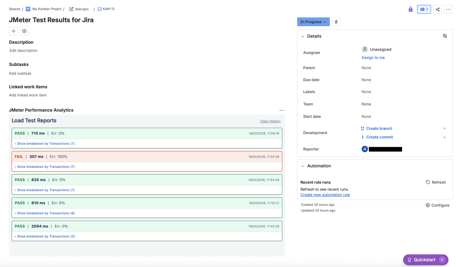 Performance Dashboard: Visualize key metrics like Average Response Time, Error Rate, and Request Count directly in the Jira Issue view. Spot performance regressions at a glance.