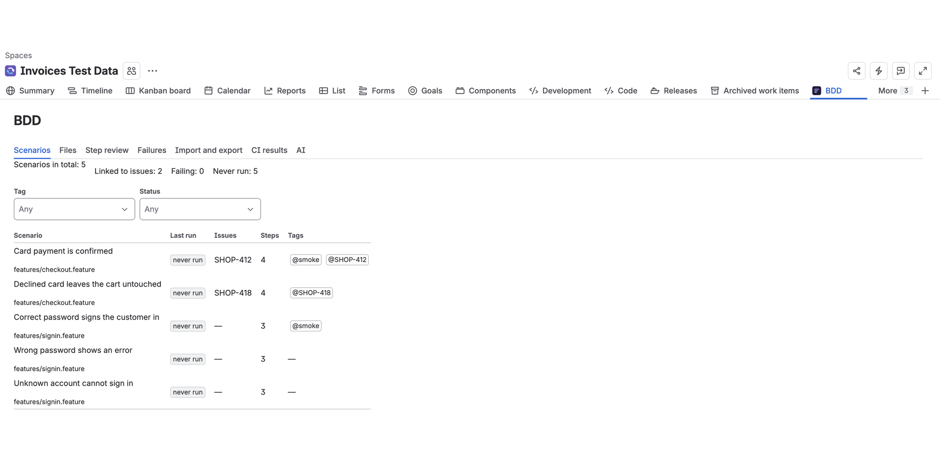 Scenarios across the whole project with their tags and the issues they belong to, filtered without leaving the page