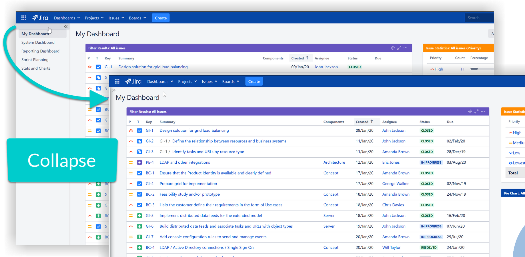 ​One click hides the favorite dashboards sidebar.