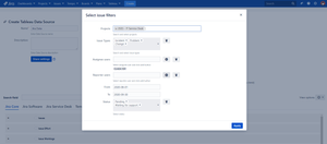 Using the Tableau Connector for Jira, you can select the projects for which you want to export data. Click “Select issue filters” and select data in pop-up windows