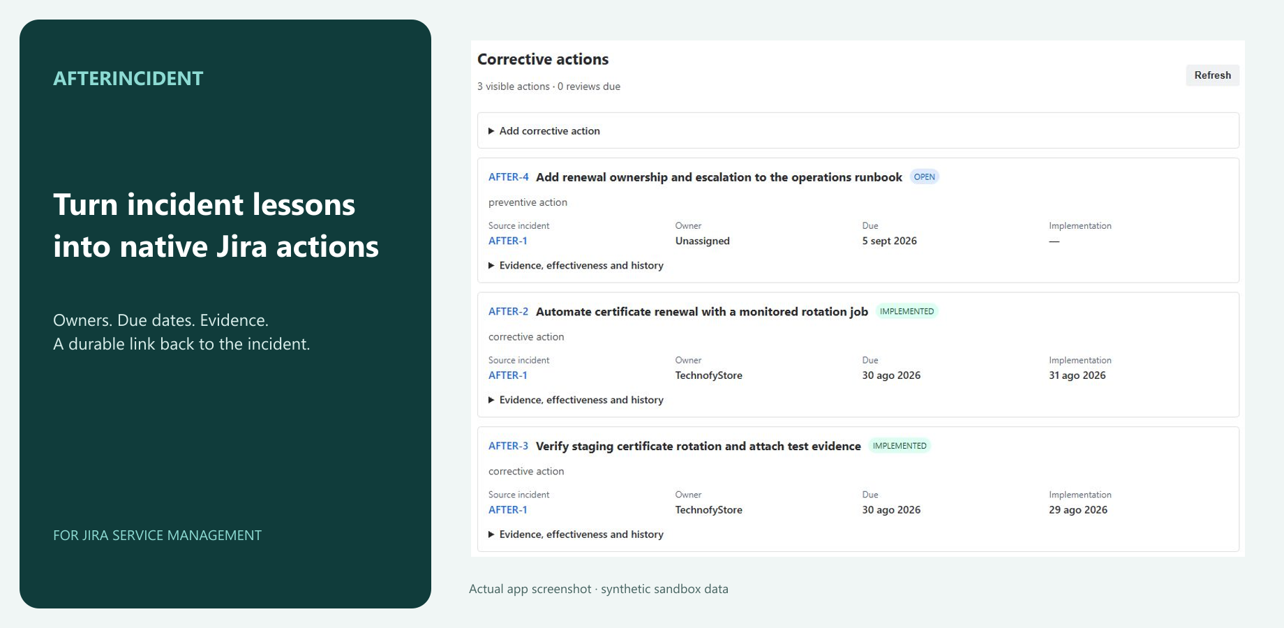 Source incident with native linked actions. Actual app screenshot using synthetic sandbox data.