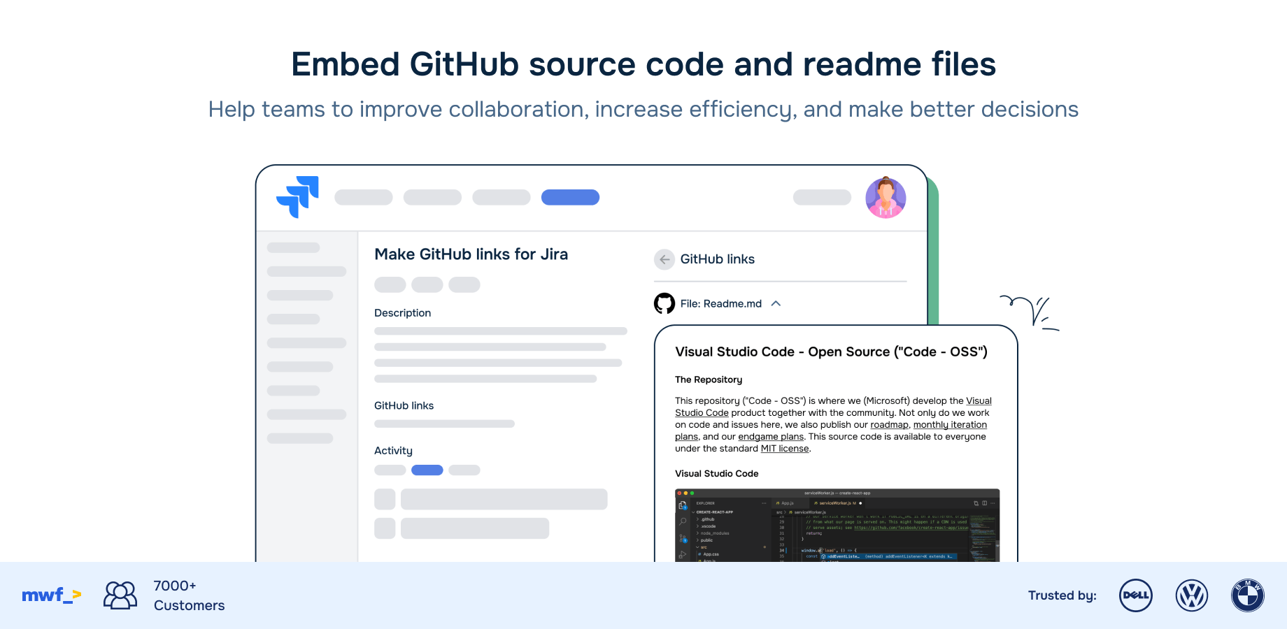 Embed GitHub source code and readme files inside the Jira issue view can help teams to improve collaboration, increase efficiency, and make better decisions while providing better traceability of the development process​