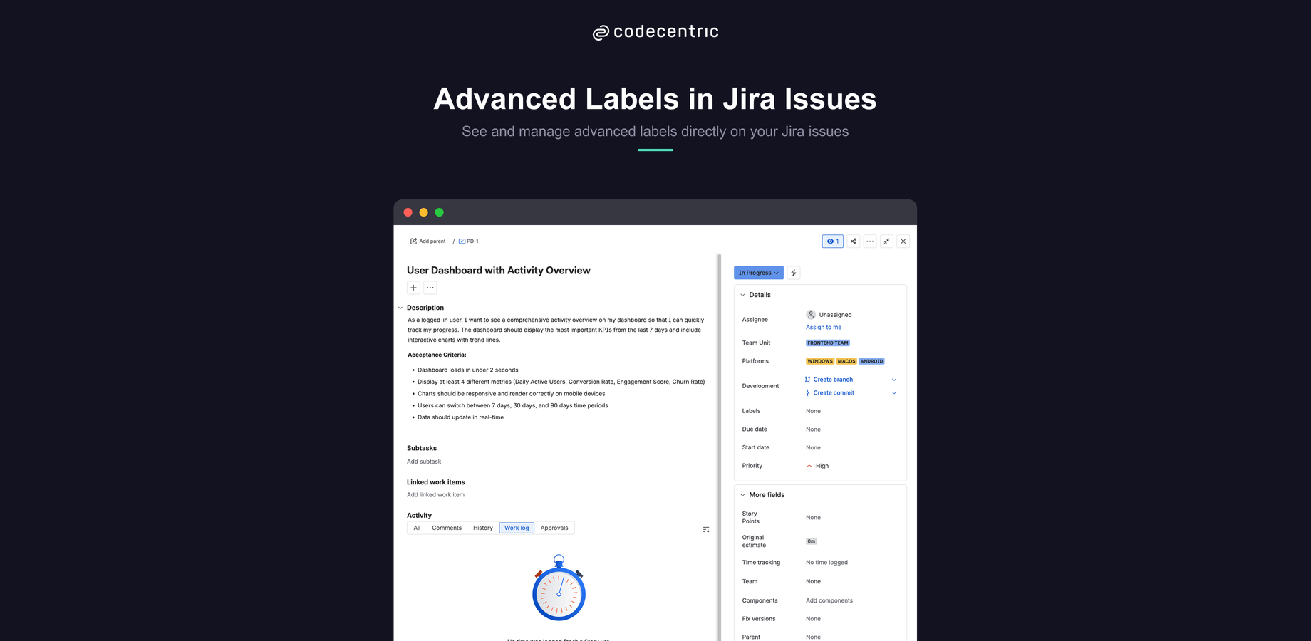 Add custom label fields directly to your Jira issues. Labels appear in the issue view with pre-defined colors, giving your team instant visual context without leaving the issue.