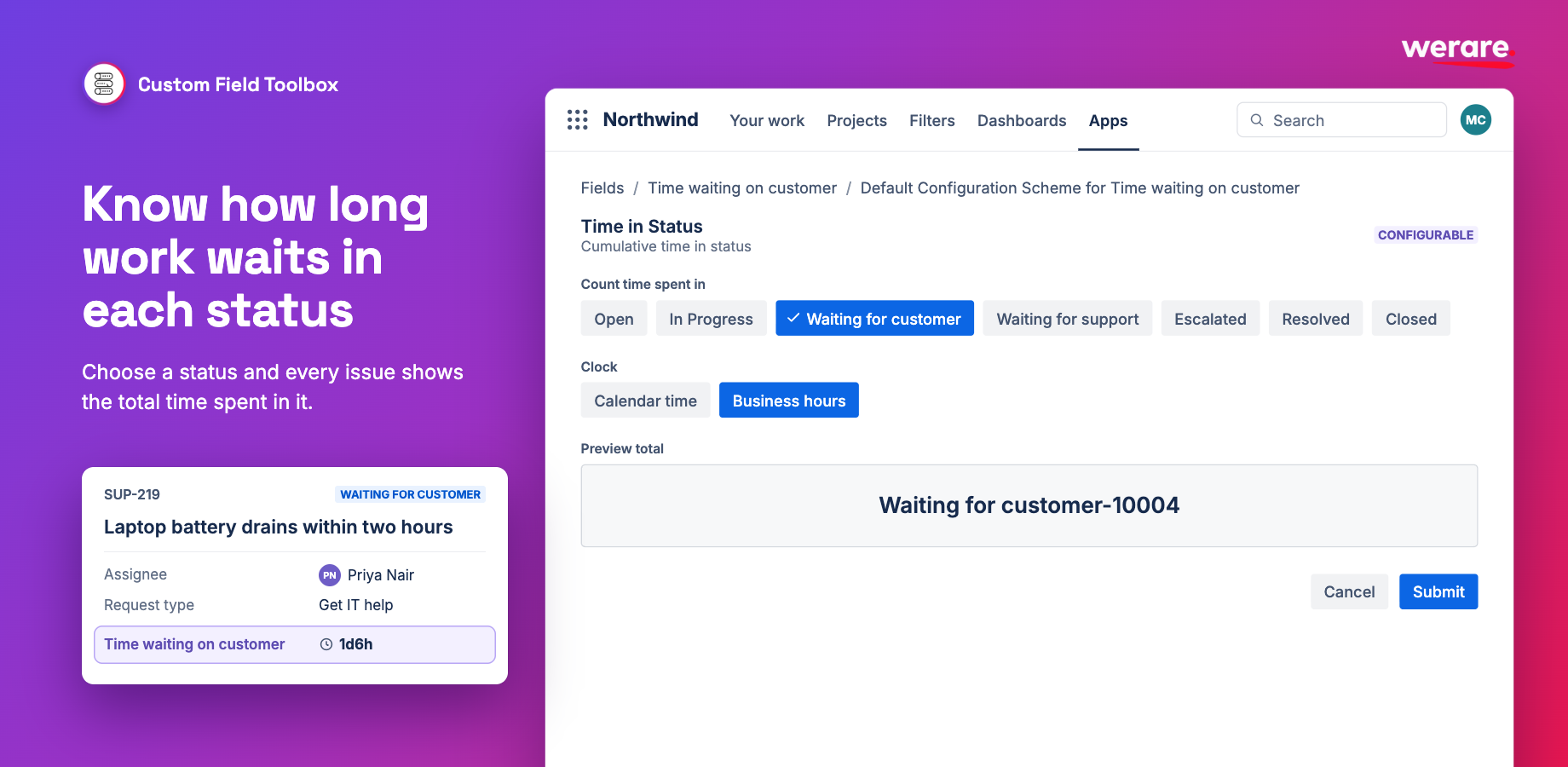 Time in Status setup for the Waiting for customer status, counting business hours only. The result appears on issue SUP-219 as a Time waiting on customer field reading 1d6h.