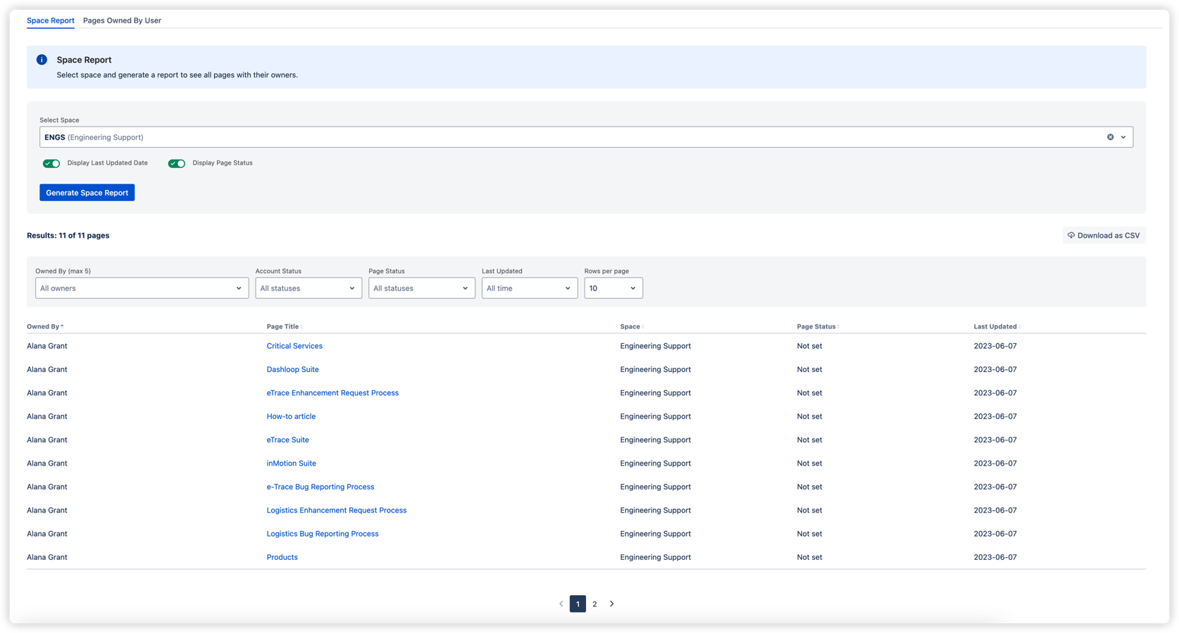Space Report showing all pages in a space with their owners, account status, page status, last updated date, and pagination controls.