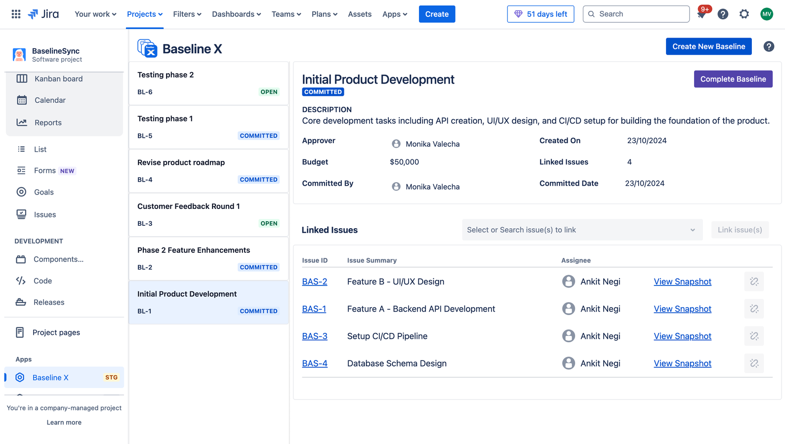 ​Organized view of baselines highlighting key details and associated issues. Effortlessly access data, track changes, and manage progress—all from a streamlined interface for enhanced visibility and control.